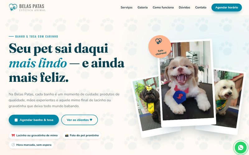 Prévia da página inicial do site Belas Patas Estética Animal